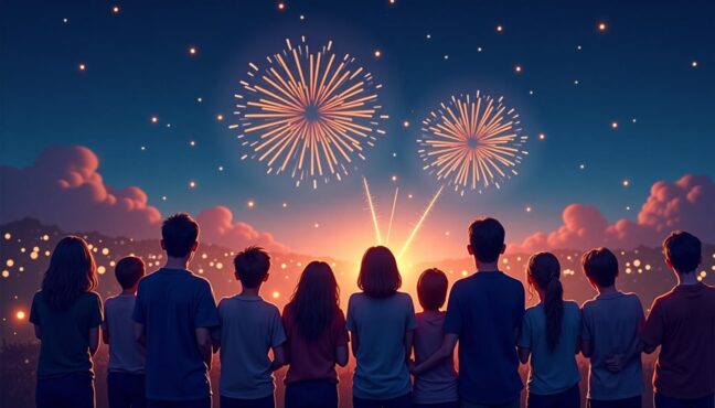 불꽃축제를 기다리며 설레는 표정의 젊은이들