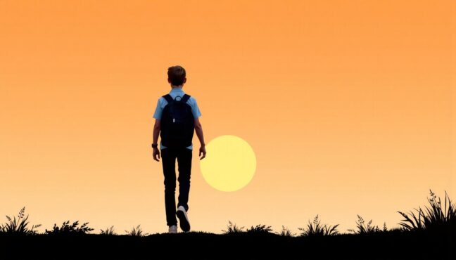 희망찬 미래를 향해 걸어가는 학생의 뒷모습을 담은 감성적인 이미지