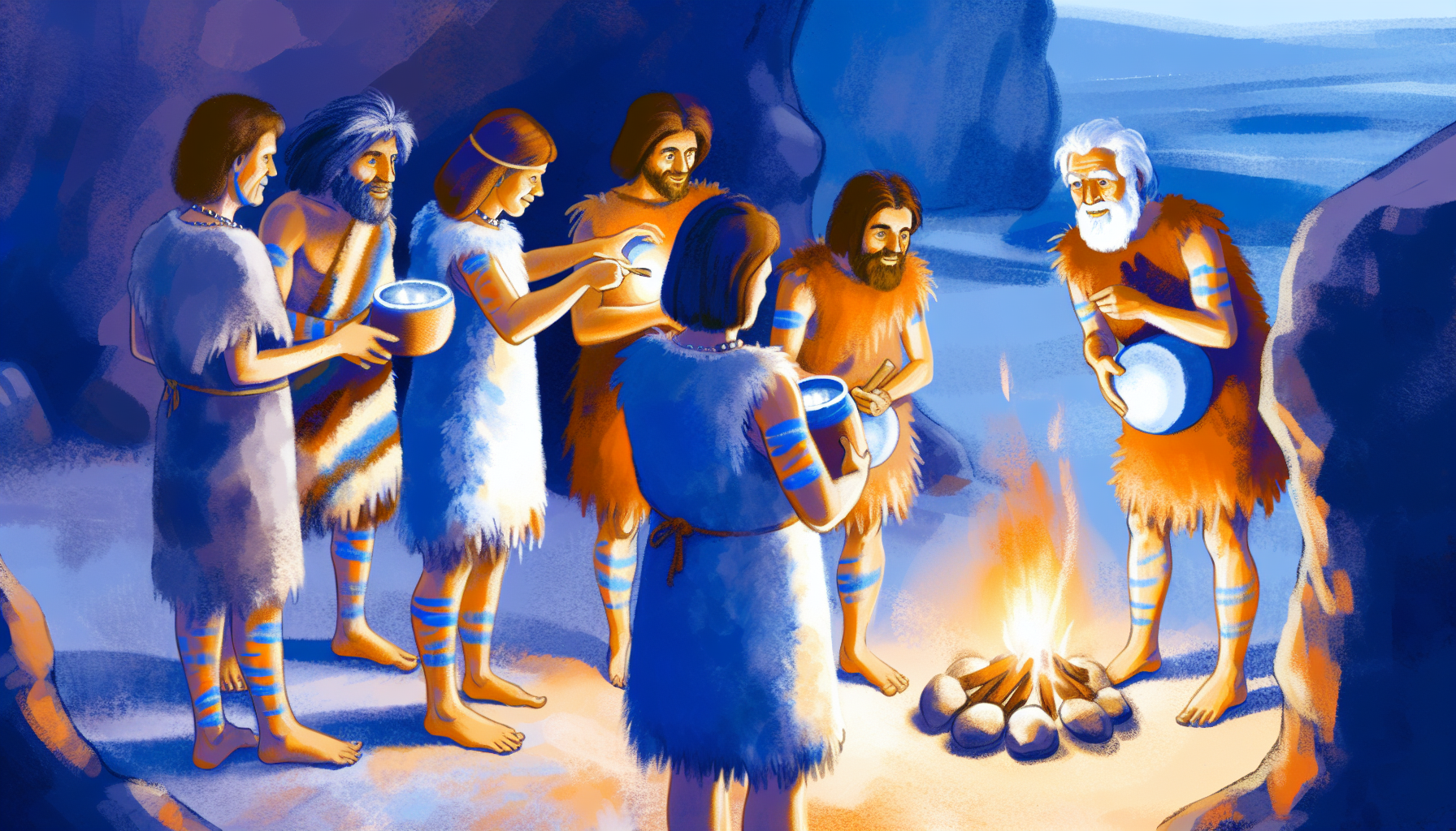 구석기시대 사람들이 파란색 안료로 몸을 장식하는 상상도