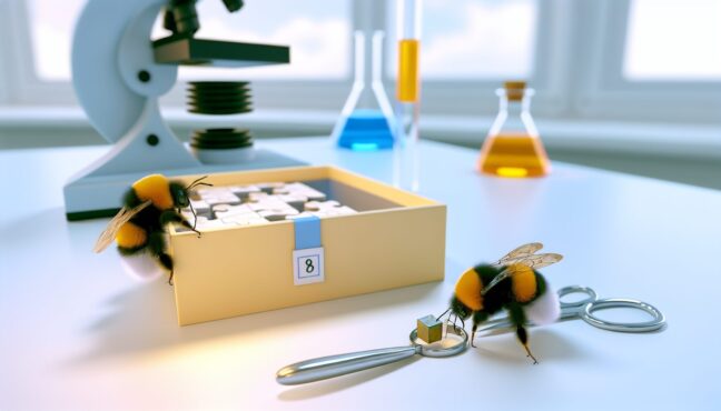 2단계 퍼즐 상자를 해결하는 호박벌을 관찰하는 다른 호박벌