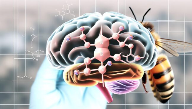 꿀벌의 뇌 단면도와 신경전달물질 경로를 보여주는 과학적 일러스트