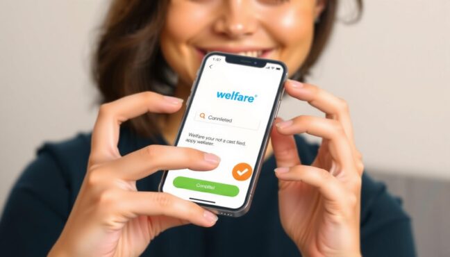 스마트폰으로 복지 신청을 완료하고 안도하는 청년의 손과 표정