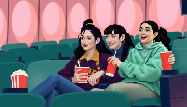 영화관에서 수험생들이 팝콘과 함께 영화를 보는 모습