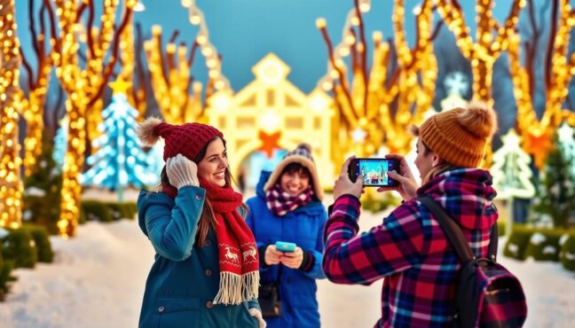 따뜻한 겨울 코디를 하고 라이트업을 배경으로 사진을 찍는 사람들