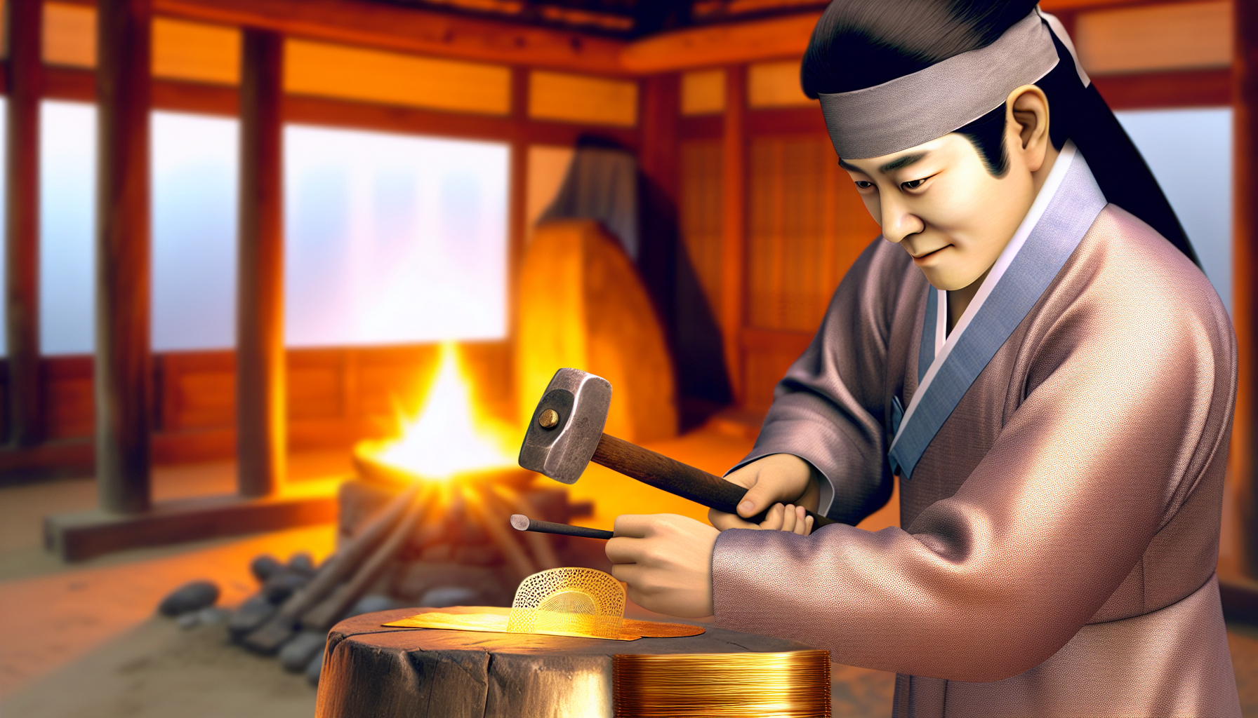 금박을 두드려 얇게 펴는 신라시대 금세공 장인의 모습