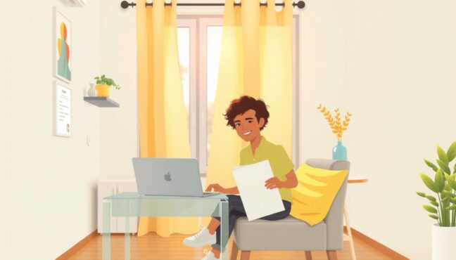 작은 원룸에서 노트북으로 청년월세 지원 신청서를 작성하는 청년