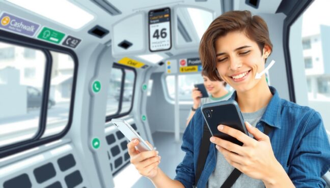 출근길에 캐시워크 앱을 사용하는 젊은 직원