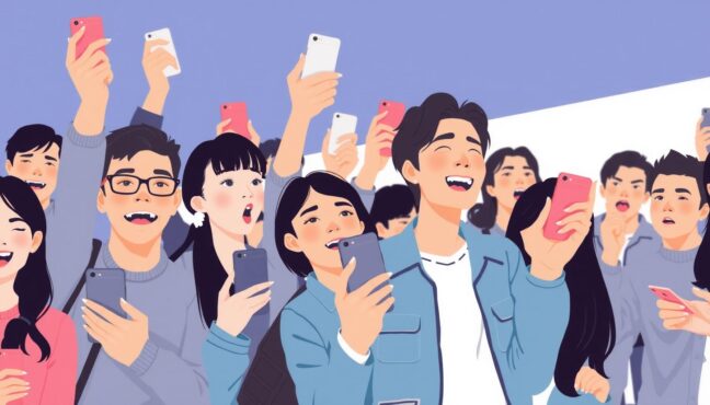 팬들이 스마트폰으로 투표하는 열정적인 모습