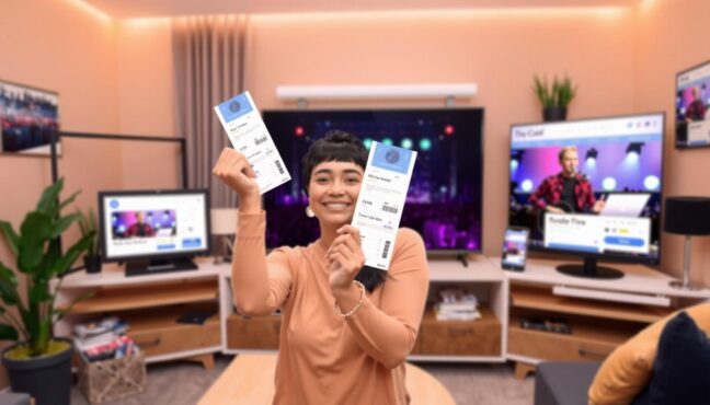 티켓팅 성공의 기쁨을 표현하는 콘서트 티켓과 디지털 기기들