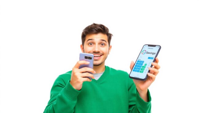 통신비 절약 금액을 확인하며 기뻐하는 청년