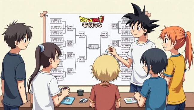 トーナメント表を熱心に見ながら話し合うドラゴンボールファンたち