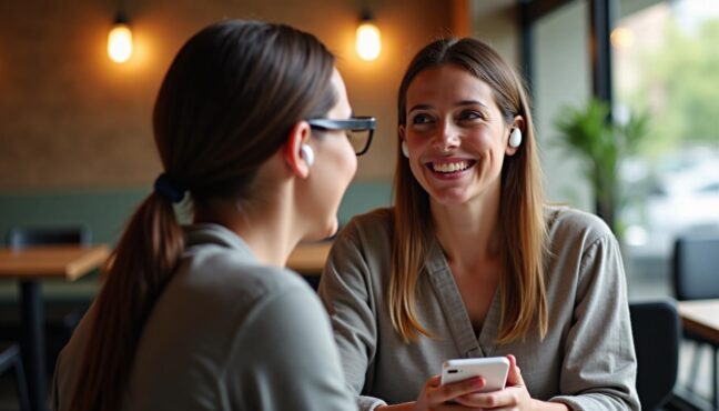 Person using AirPods Pro 2 for conversation in cafe setting