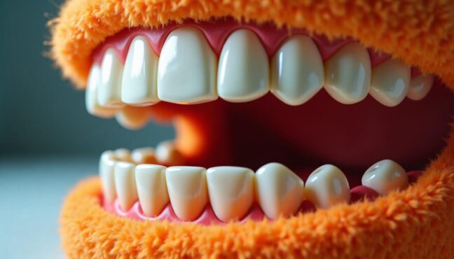 ภาพใกล้เห็นรายละเอียดฟันปลอมของ Fuggler ที่เหมือนฟันมนุษย์จริง