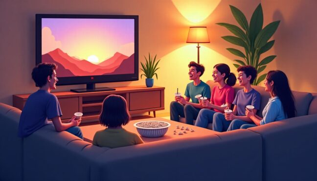 Nhóm bạn trẻ đang xem phim trên Netflix trong không gian ấm cúng