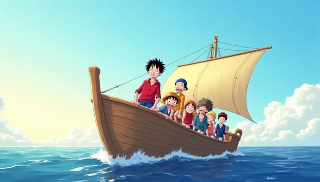 Cảnh anime One Piece với Luffy và đồng đội trên con tàu
