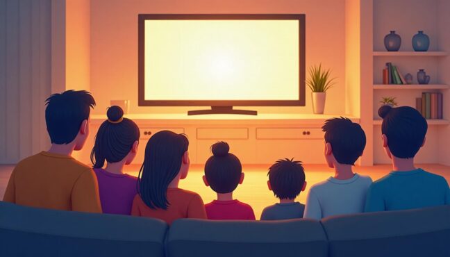 Cảnh gia đình đang xem phim hài cùng nhau