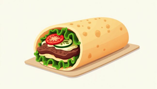 Samoon bread cross-section filled with shawarma and vegetables