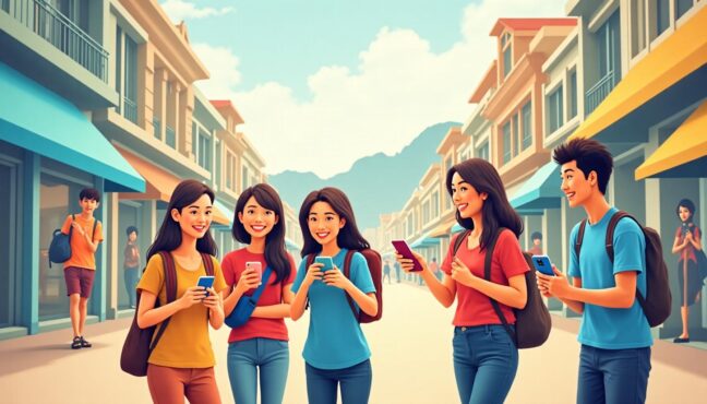 กลุ่มนักท่องเที่ยววัยรุ่นกำลังใช้บริการสาธารณะและกินอาหารท้องถิ่นในมาเก๊า