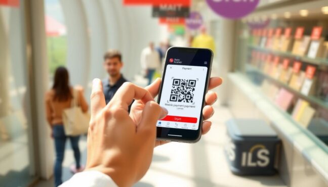 လူတစ်ဦးက စမတ်ဖုန်းဖြင့် WavePay App ကိုဖွင့်ပြီး QR code scan လုပ်ရန် အဆင်သင့်ဖြစ်နေသည့် ခေတ်မီမြင်ကွင်း