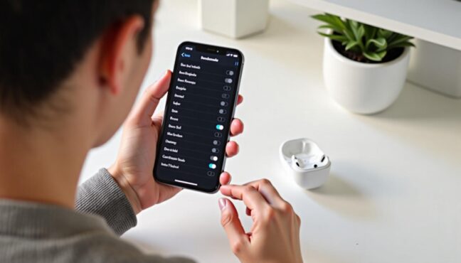 Person checking iPhone settings with AirPods Pro 2 nearby