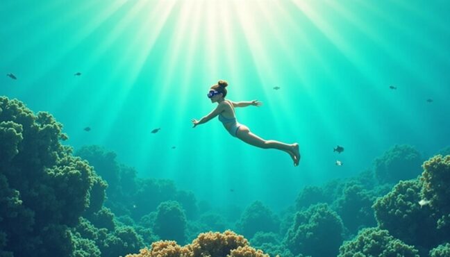 Snorkeler enjoying crystal clear waters above coral reef in Bora Bora