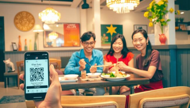 YKKO စားသောက်ဆိုင်တွင် ခေါက်ဆွဲစားရင်း Wave Money ဖြင့် ငွေပေးချေနေသော မိသားစုငယ် ပျော်ရွှင်နေသည့်မြင်ကွင်း