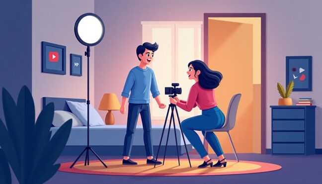 นักศึกษากำลังบันทึกวิดีโอคอนเทนต์สำหรับ YouTube