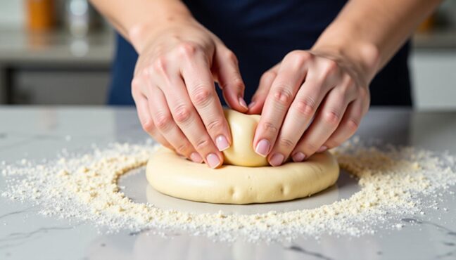 Close-up of hands kneading samoon bread dough