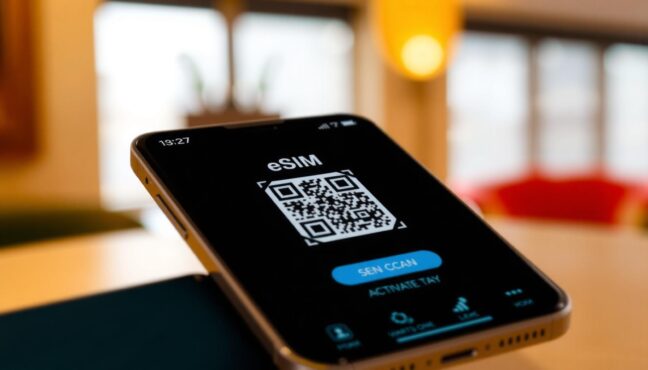 eSIM activation screen QR code scanning interface ပြသနေသော smartphone