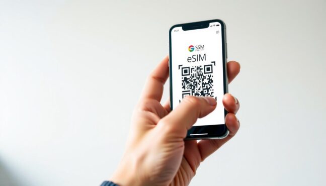 eSIM activation အတွက် QR code ကို scan လုပ်နေသော လက်များ