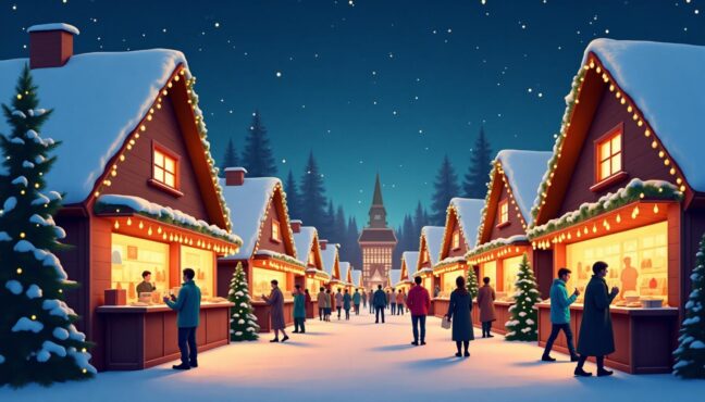 ตลาดคริสต์มาสเยอรมันยามค่ำคืนที่มีร้านค้าไม้และแสงไฟสว่างไสว