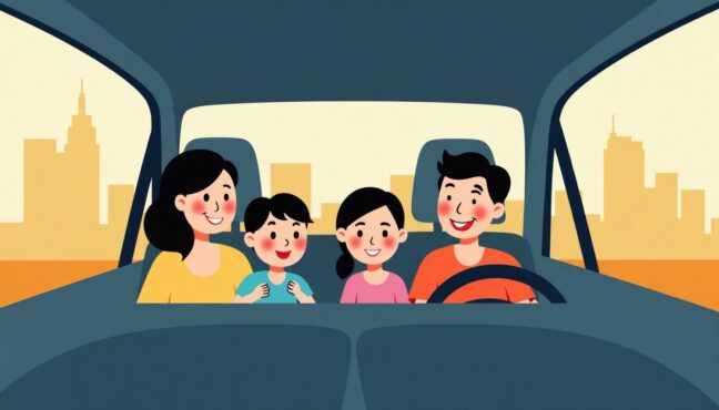 ครอบครัวไทยมีความสุขขณะเดินทางบนทางด่วน