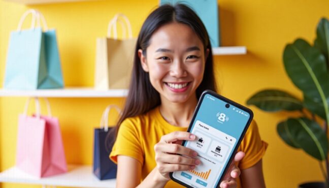 คนวัยรุ่นยิ้มอย่างมีความสุขขณะถือโทรศัพท์แสดงแอปเป๋าตัง