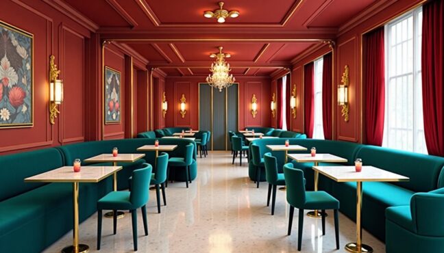 บรรยากาศภายใน DG Caffè ที่ออกแบบในสไตล์อิตาเลียนหรูหรา ด้วยโทนสีแดง น้ำเงิน และทอง