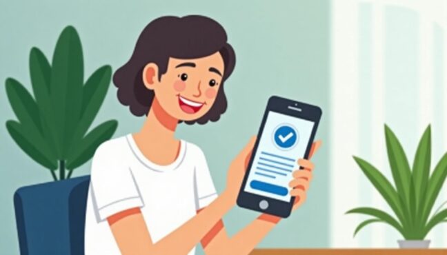 คนกำลังยิ้มและถือโทรศัพท์แสดงสถานะอนุมัติเงินเยียวยา