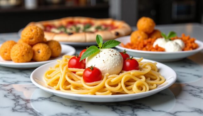 เมนูอาหารอิตาเลียนแนะนำที่ DG Caffè รวมทั้งบุร์ราต้าชีส พาสต้า และพิซซ่า