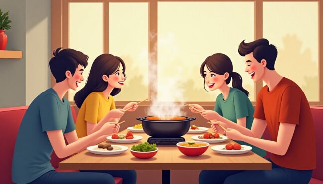 ครอบครัวมีความสุขทานสุกี้ด้วยกันในร้านอาหาร