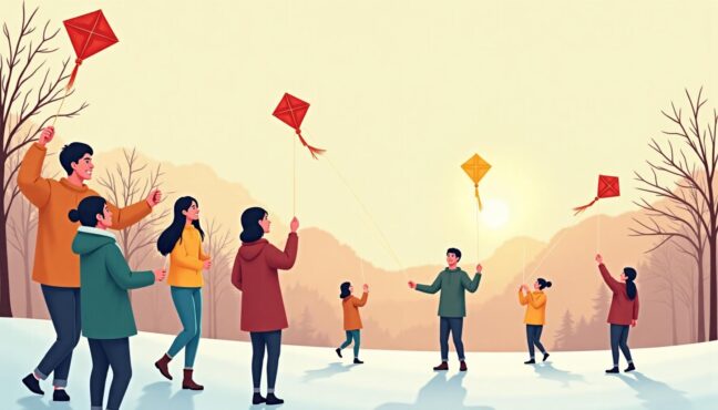 お正月に凧揚げを楽しむ若者グループ