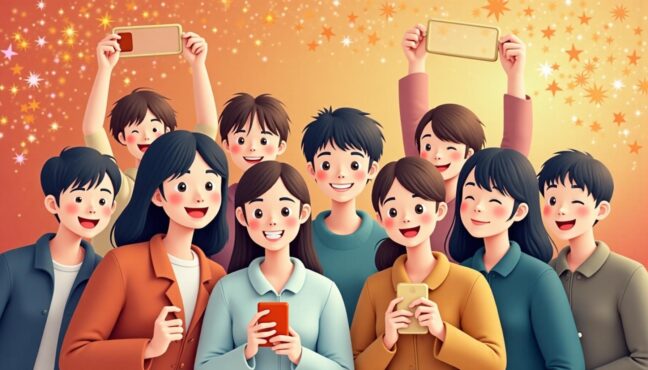 お正月の思い出を写真に収める若者たち