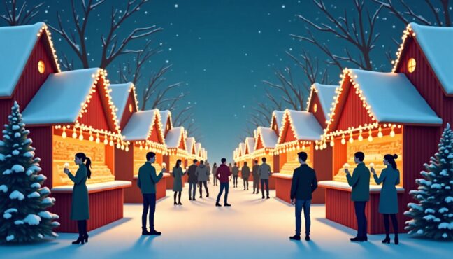 イルミネーションを背景にしたクリスマスマーケットの様子、温かい飲み物を持ちながら楽しく買い物をする人々