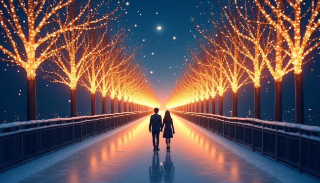 丸の内イルミネーションの美しい夜景、黄金色に輝く光のトンネルと手をつなぐカップルのシーン