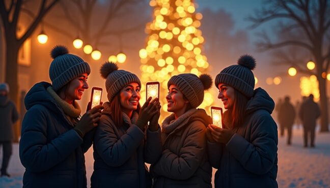 イルミネーションを楽しむ友人グループ、スマートフォンで写真を撮りながら笑い合う温かい雰囲気