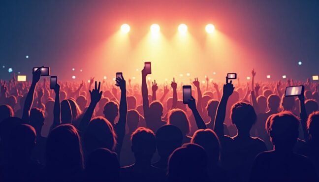 콘서트 관객들이 열광하며 휴대폰으로 촬영하는 모습