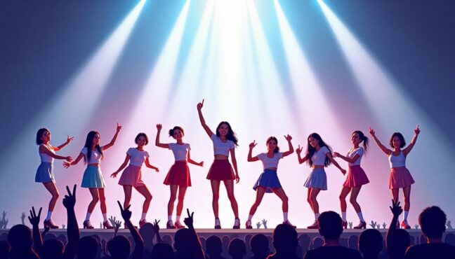 다양한 K팝 아이돌 그룹이 무대에서 공연하는 모습