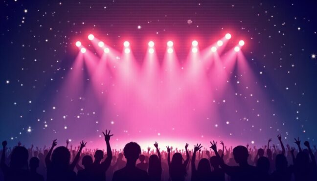 2025년 12월 K-POP 컴백을 기다리는 무대 위 빛나는 조명과 마이크