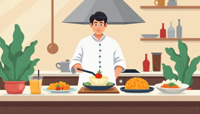 Chef reheating pre-prepared meals in luxury kitchen