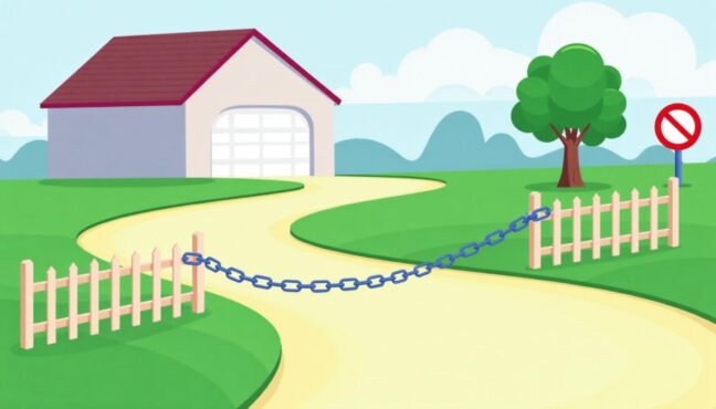 Driveway with chain barrier and No Parking sign