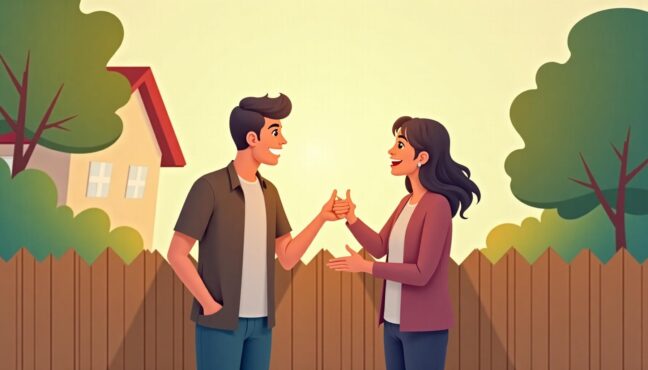 Neighbors having a friendly conversation about property boundaries