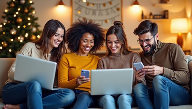 Friends discovering extended Black Friday deals online in cozy setting
