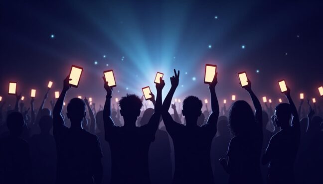 Fans celebrating at a concert with phones lit up